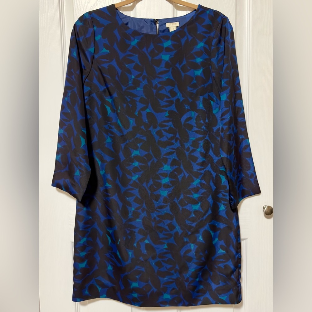 J Crew Navy Blue, Black and Green Floral Dress Three Quarter Sleeve sz 4